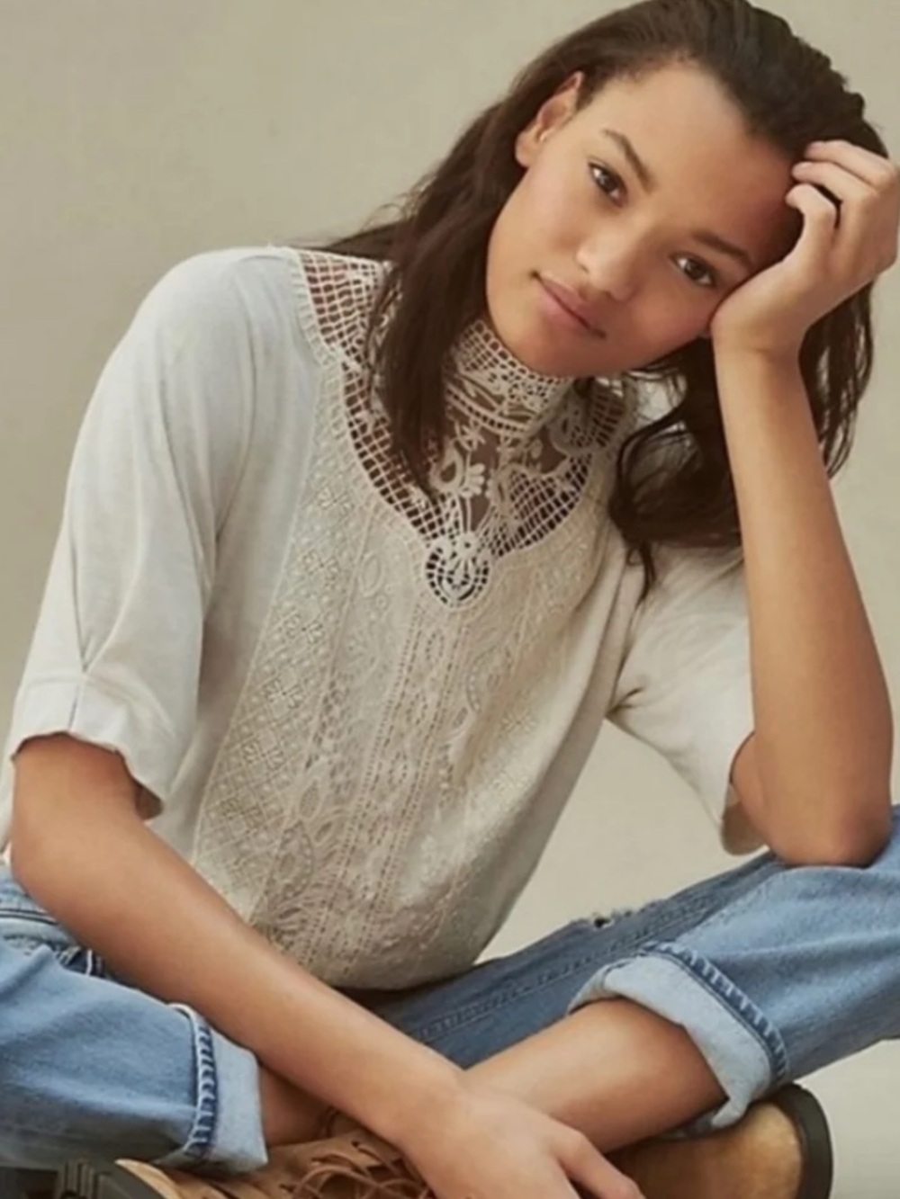 Tiny Anthropologie Celine Cream Victorian Style High Neck Top Size Medium